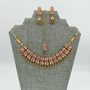 Gold Plated Pink Rhinestone Rajasthani Kundan Bridal Necklace Set